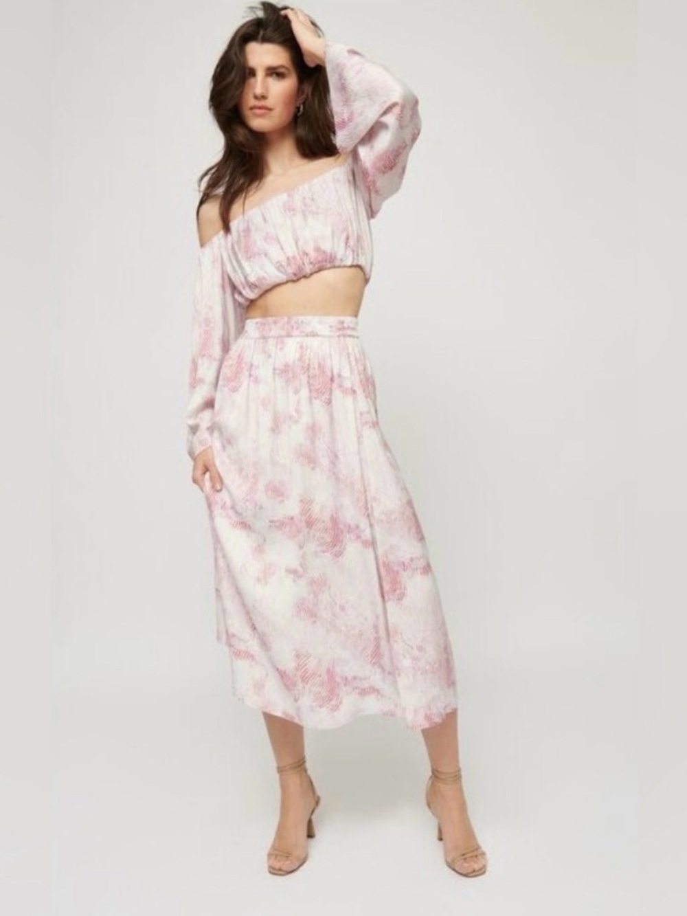 Dynamite Pink Floral Off-shoulder Long Sleeve Satin Blouse